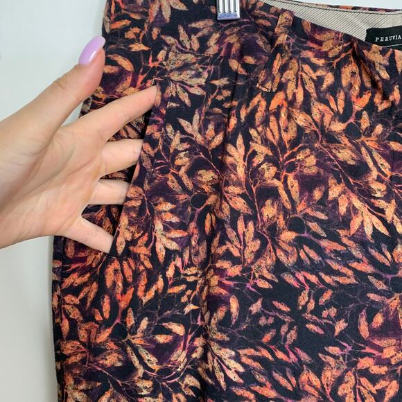 Peruvian Connection Pants  Rust Leaf Print Black Straight Leg Mid Rise Pockets - Picture 8 of 12